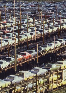 Automobiles being transported by rail from Detroit c.1973 (Source: Wikipedia)