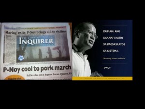 On the left Noynoy could care less. On the right taken from his Facebook, Noynoy welcoming pork protesters as his own. So limp-wristed of him