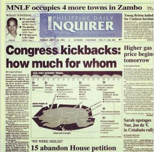 A 1996 front page headline exposing pork barrel thievery.