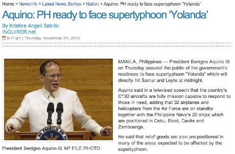 Screencap from the Inquirer.net: In hindsight BS Aquino overestimated the country's level of disaster preparedness.