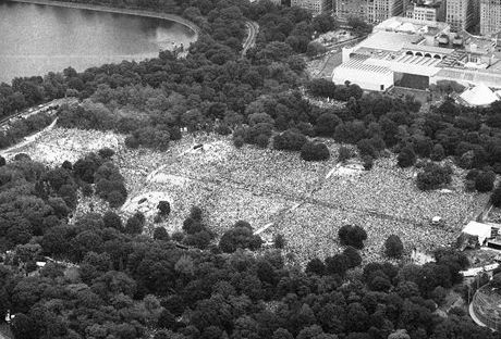 Hundreds of thousands of peaceful demonstrators gather in New York's Central Park, 1982 to protest the nuclear arms race.