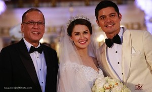 Mr and Mrs Dingdong Dantes on their wedding day with their patron Philippine President BS Aquino