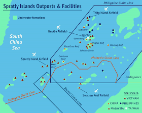 This map shows the major outposts and facilities in the Spratly Islands. The four operational airfields at Swallow Reef (Malaysia), Itu Aba (Taiwan), Thitu Island (Philippines) and Spratly Island (Vietnam) are indicated. China is in the process of constructing a fifth airstrip on the reclaimed land atop Fiery Cross reef. The yellow dots indicate reefs that China has reclaimed or begun to reclaim: Fiery Cross, Cuarteron, Hughes, Johnson South, Mischief, Eldad, Gaven and Subi. It is notable that all eight of these reclaimed reefs fall within the claims of the Philippines. (Asia Maritime Transparency Initiative)