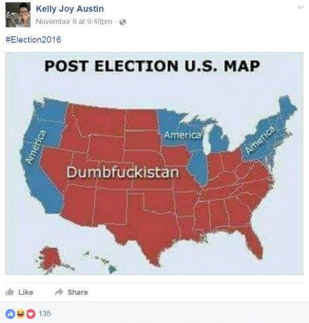 Facebook post that seems to look down on the people of states that voted for Trump.
