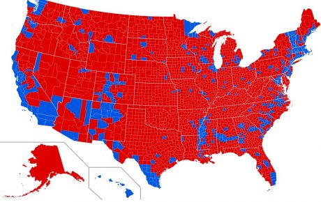 2016 election map by County, showing who will benefit the most from dissolving the electoral college. Source: Wikipedia