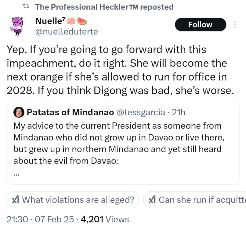 Yep. If you’re going to go forward with this impeachment, do it right. She will become the next orange if she’s allowed to run for office in 2028. If you think Digong was bad, she’s worse.